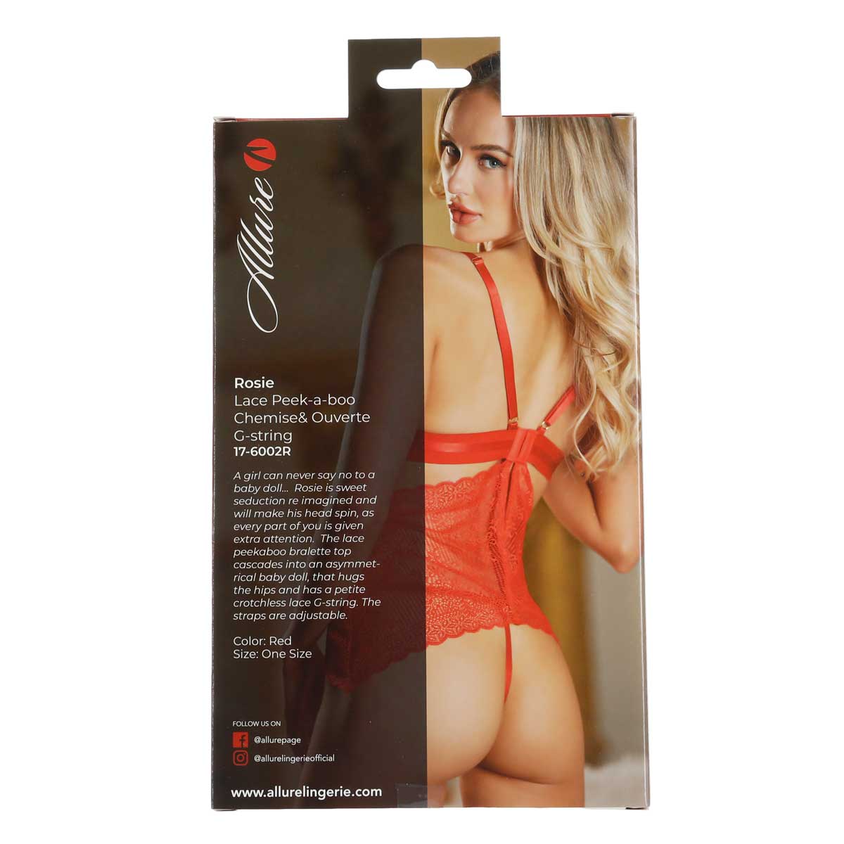 Allure - Rosie - Lace Peek-A-Boo Chemise & Ouverte G-String - Red - OS