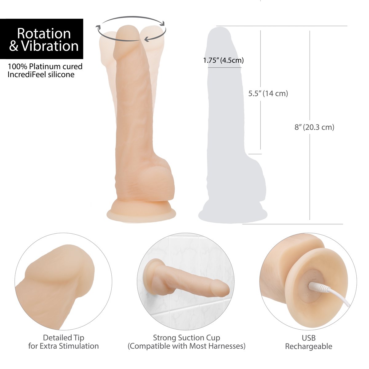 Naked Addiction 8" Rotating & Vibrating Dildo with Remote - Vanilla